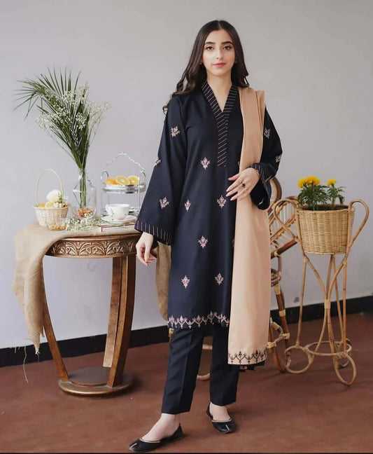 3 Piece Unstitched Heavy Embroidered Dhanak Suit ( Embroidered Dhanak Shawl )