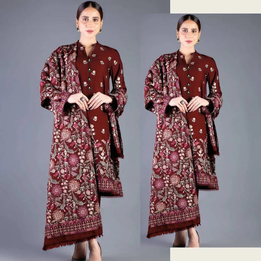 3 Piece Unstitched Heavy Embroidered Dhanak Suit ( Full Embroidered Dhanak Shawl )