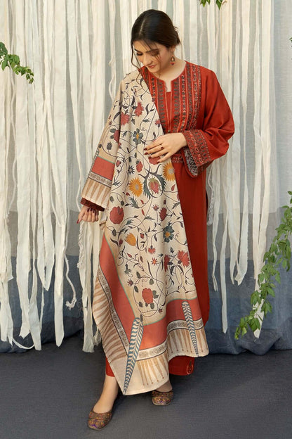 3 Piece Unstitched Heavy Embroidered Dhanak Suit ( Printed Woolen Shawl )